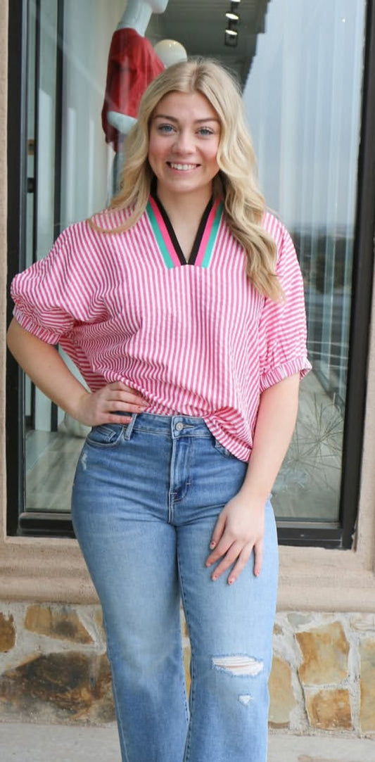 Sachet Pink Striped Split Neck Blouse