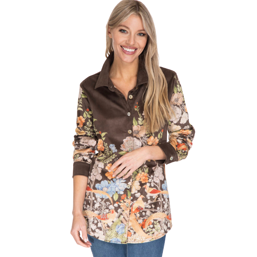 BROWN W/ FLORAL PRINT CUFFED L/S BUTTON UP SHIRT