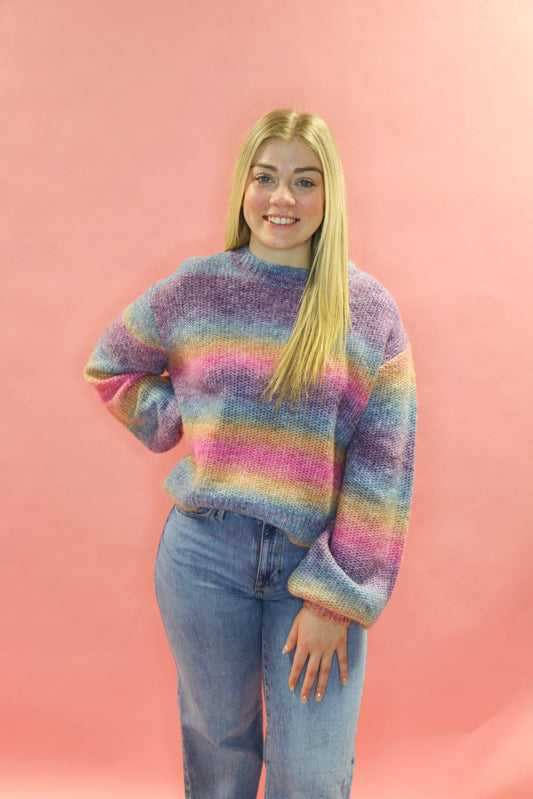 MULTI STRIPE YARN CREW SWEATER