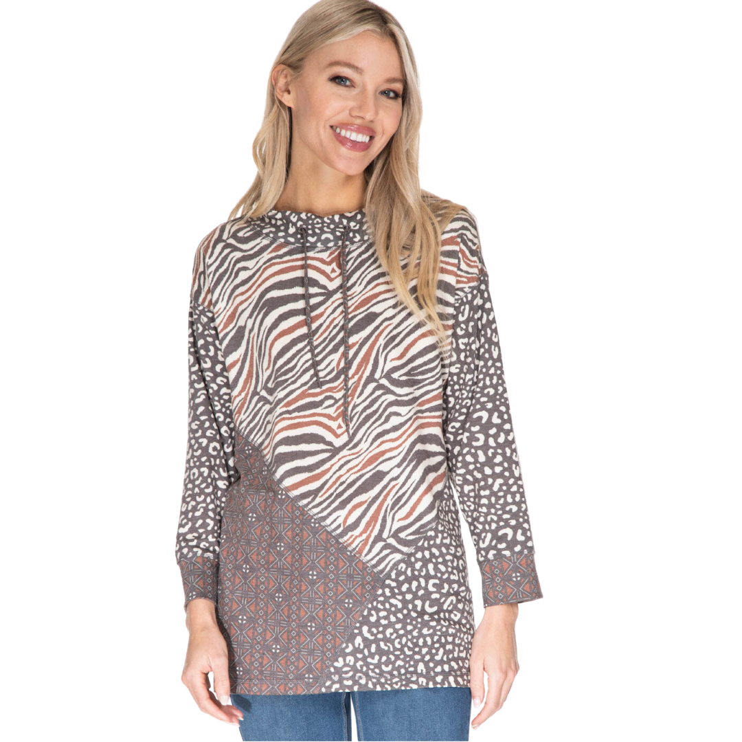 Animal Print 3/4 Slv Drawstring Mock Neck Top