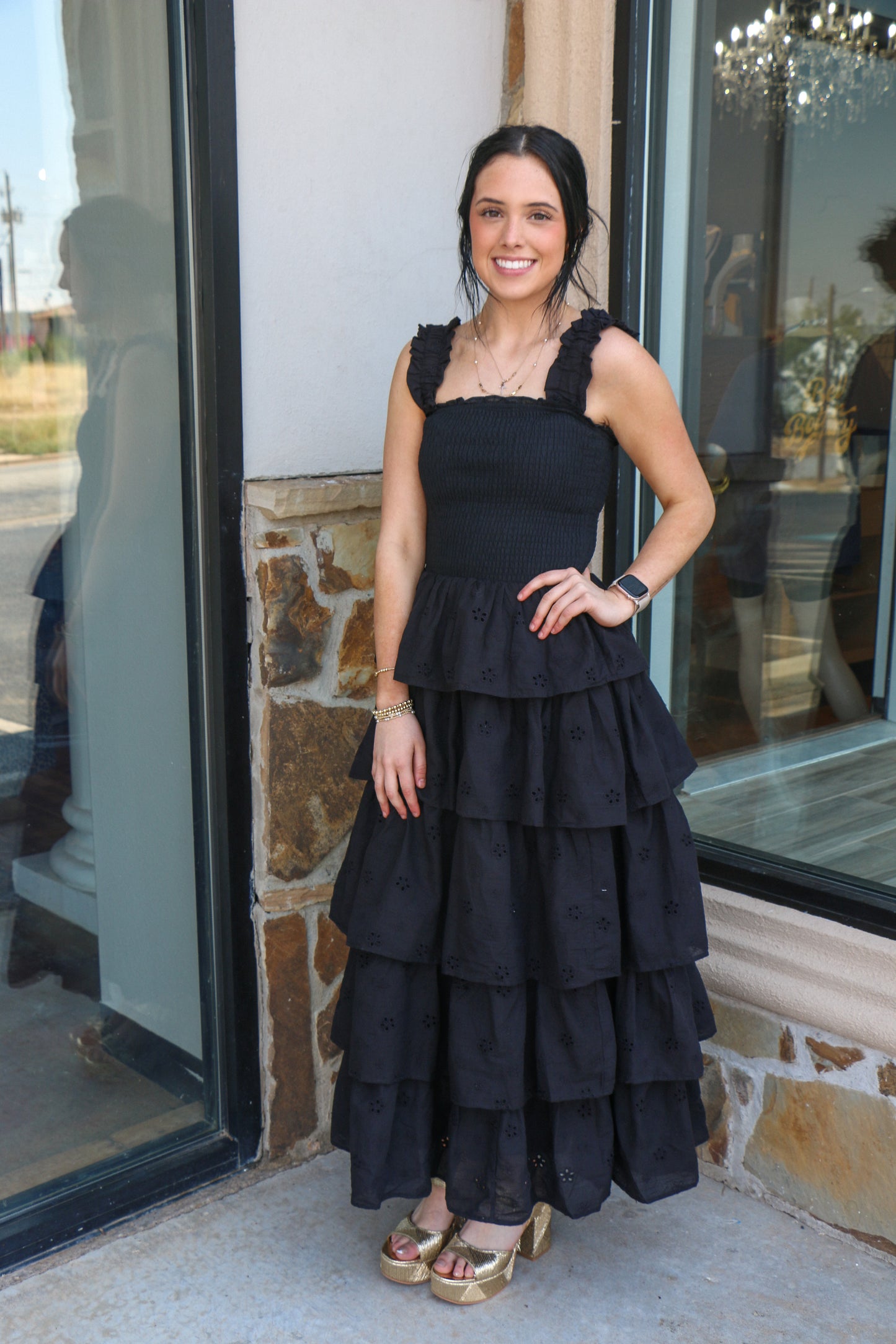floral eyelet ruffle strap tiered maxi dress