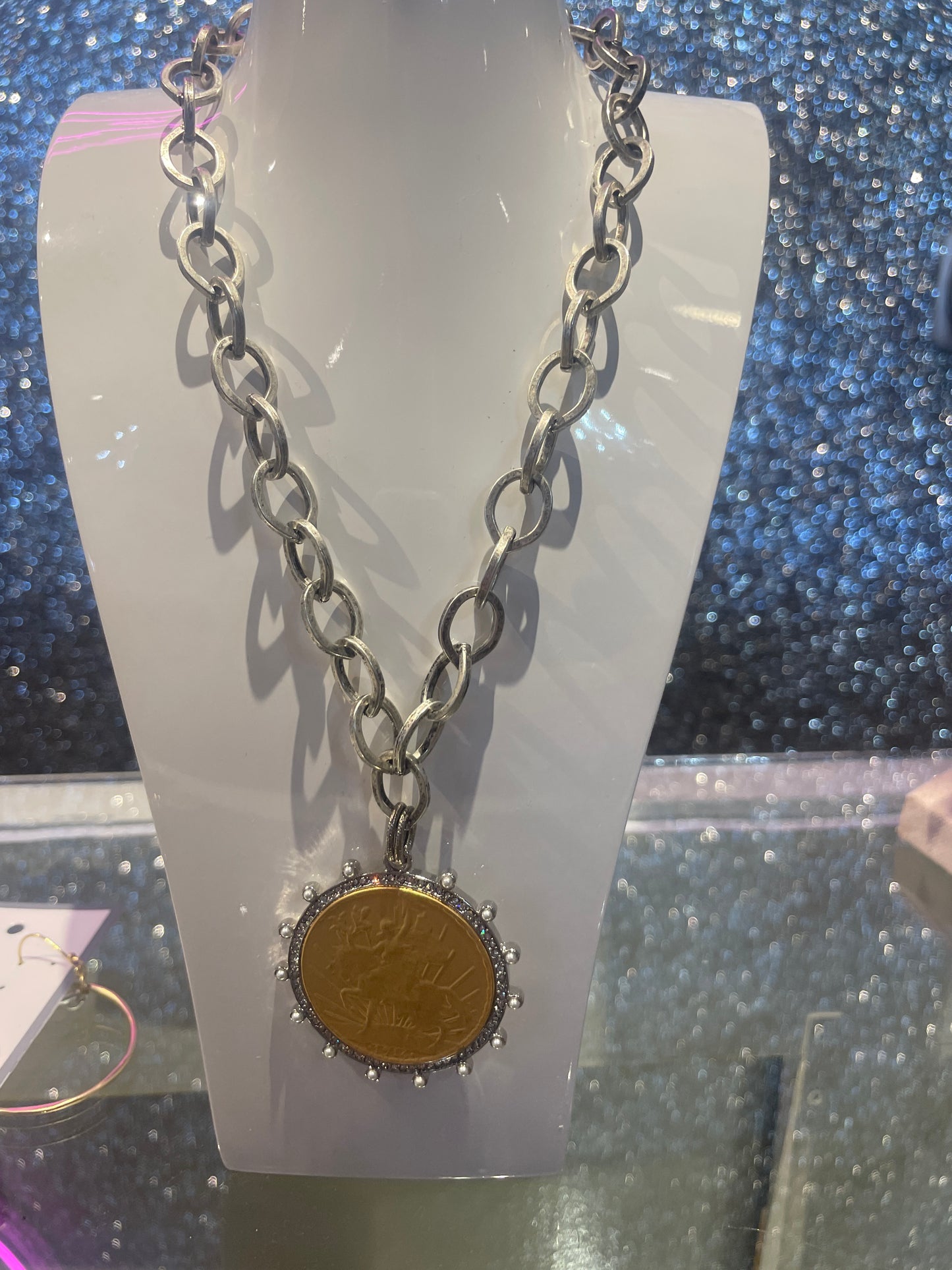 17" matte silver plated chain necklace with two tone coin replica pendant