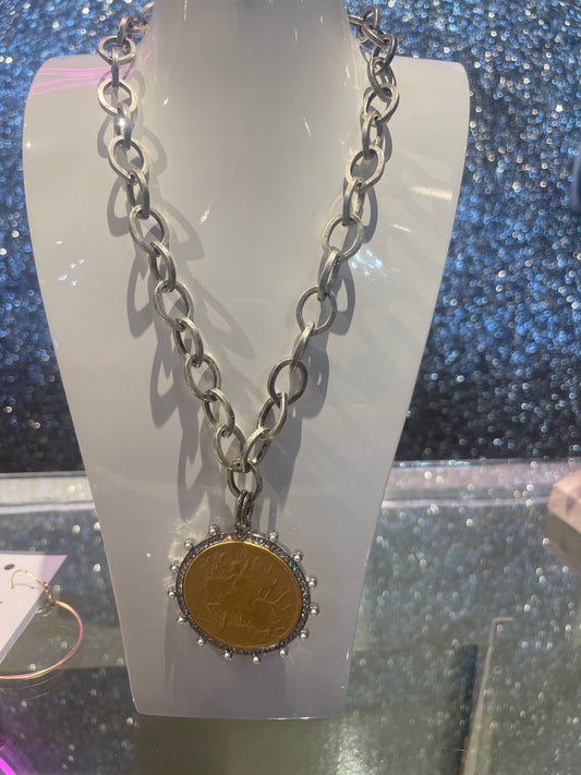 17" matte silver plated chain necklace with two tone coin replica pendant