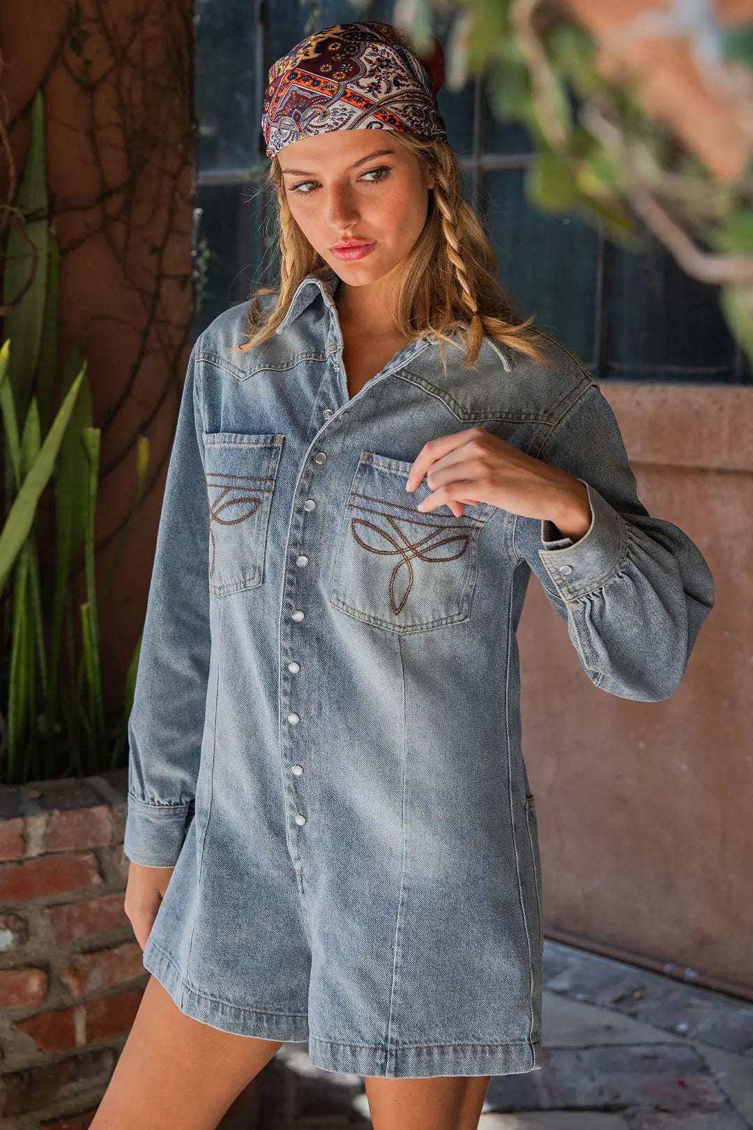 Mineral Washed Western Embroidered Denim Romper