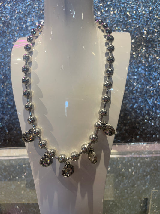 17" antique silver bead ball chain necklace with antique silver crystal accents