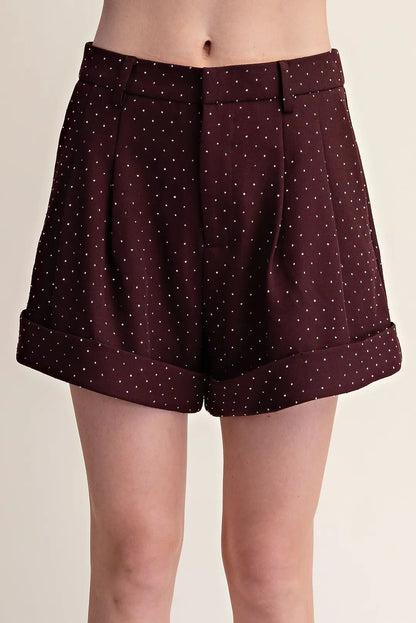 Rhinestone Cuffed Pleated Trouser Shorts