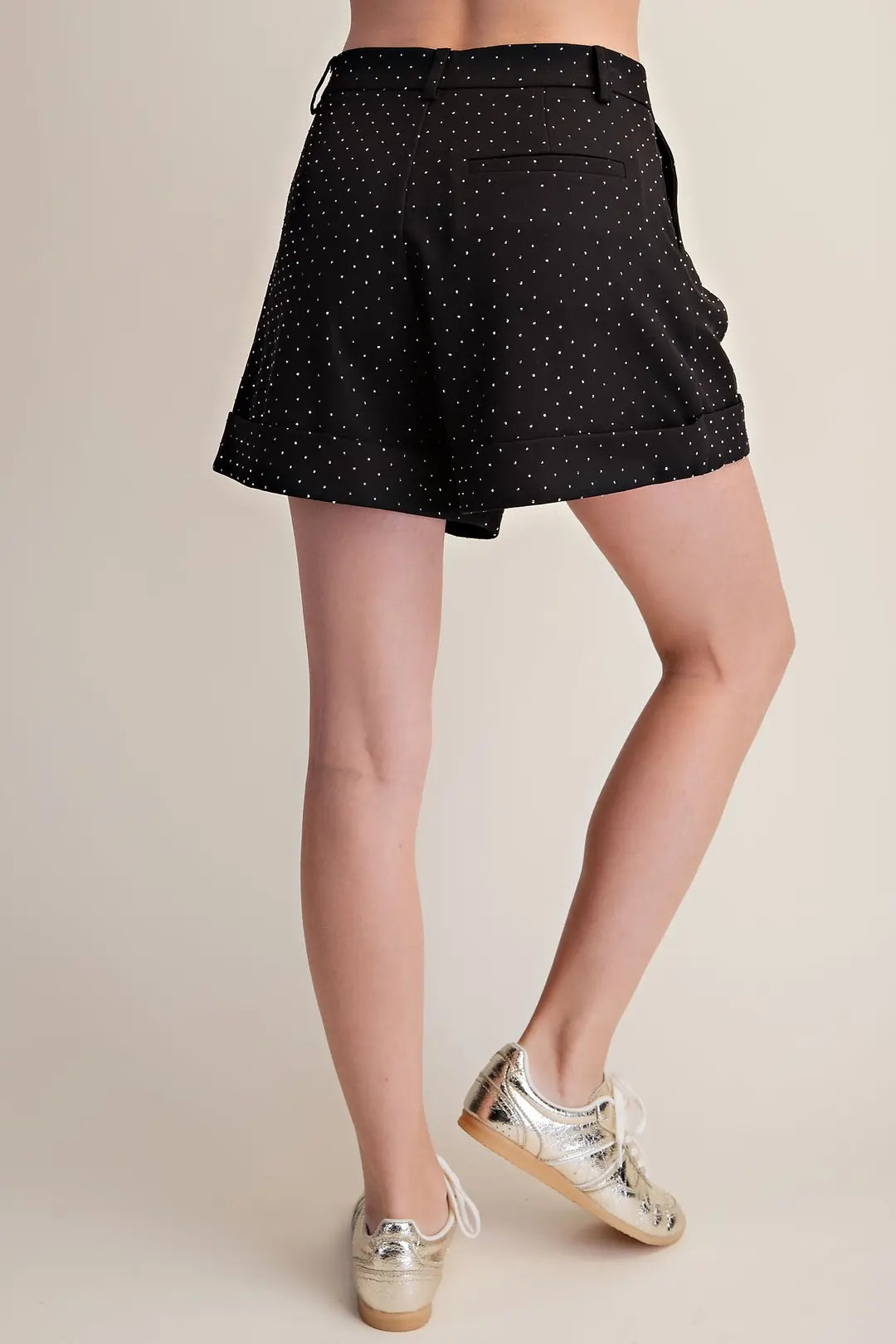 Rhinestone Cuffed Pleated Trouser Shorts