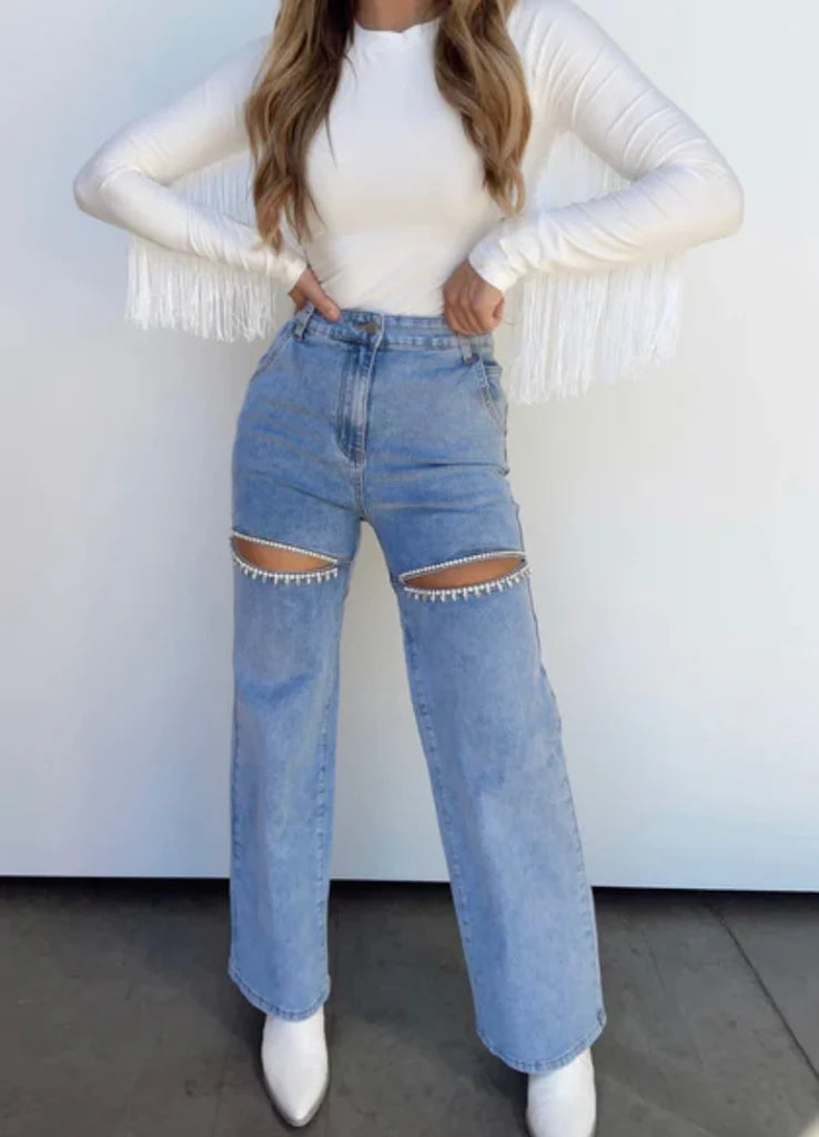 Washed Denim Cut Out Front Rhinestone Studded Back Hear