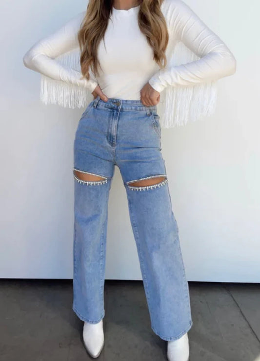 Washed Denim Cut Out Front Rhinestone Studded Back Hear