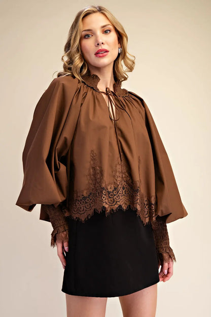 Lace Puff-Sleeve Voluminous Blouse