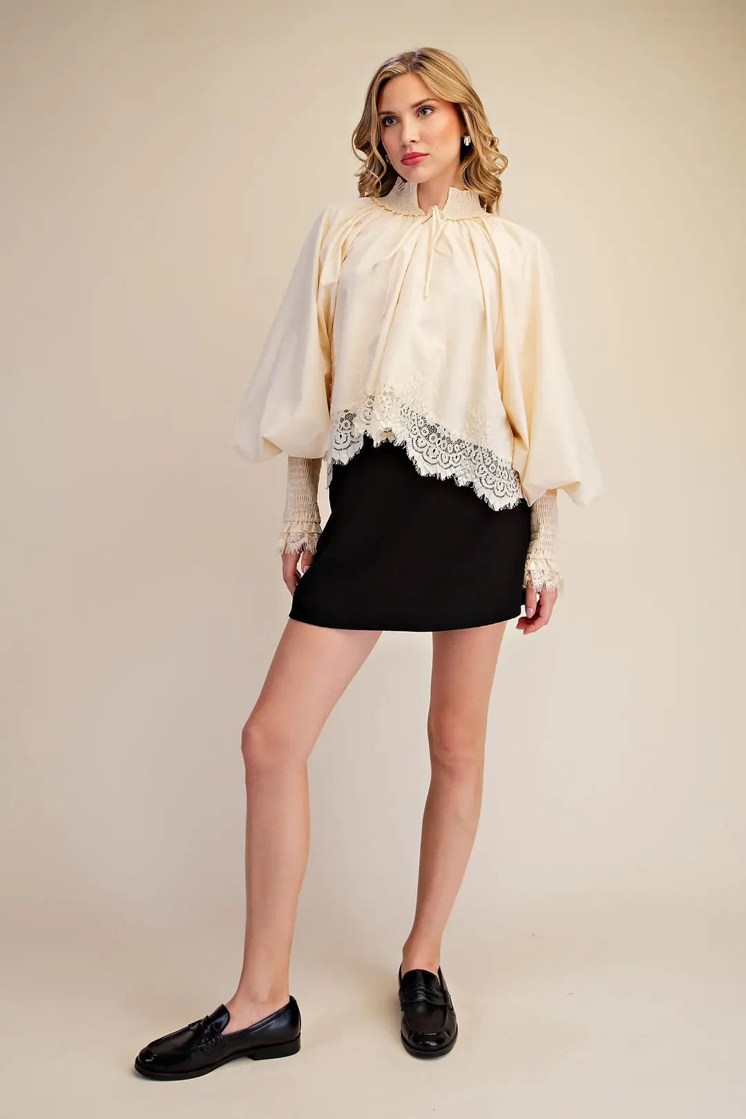 Lace Puff-Sleeve Voluminous Blouse