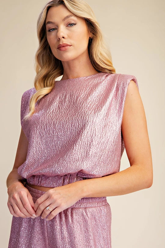 Metallic With Shoulder Pad Sleeveless Top