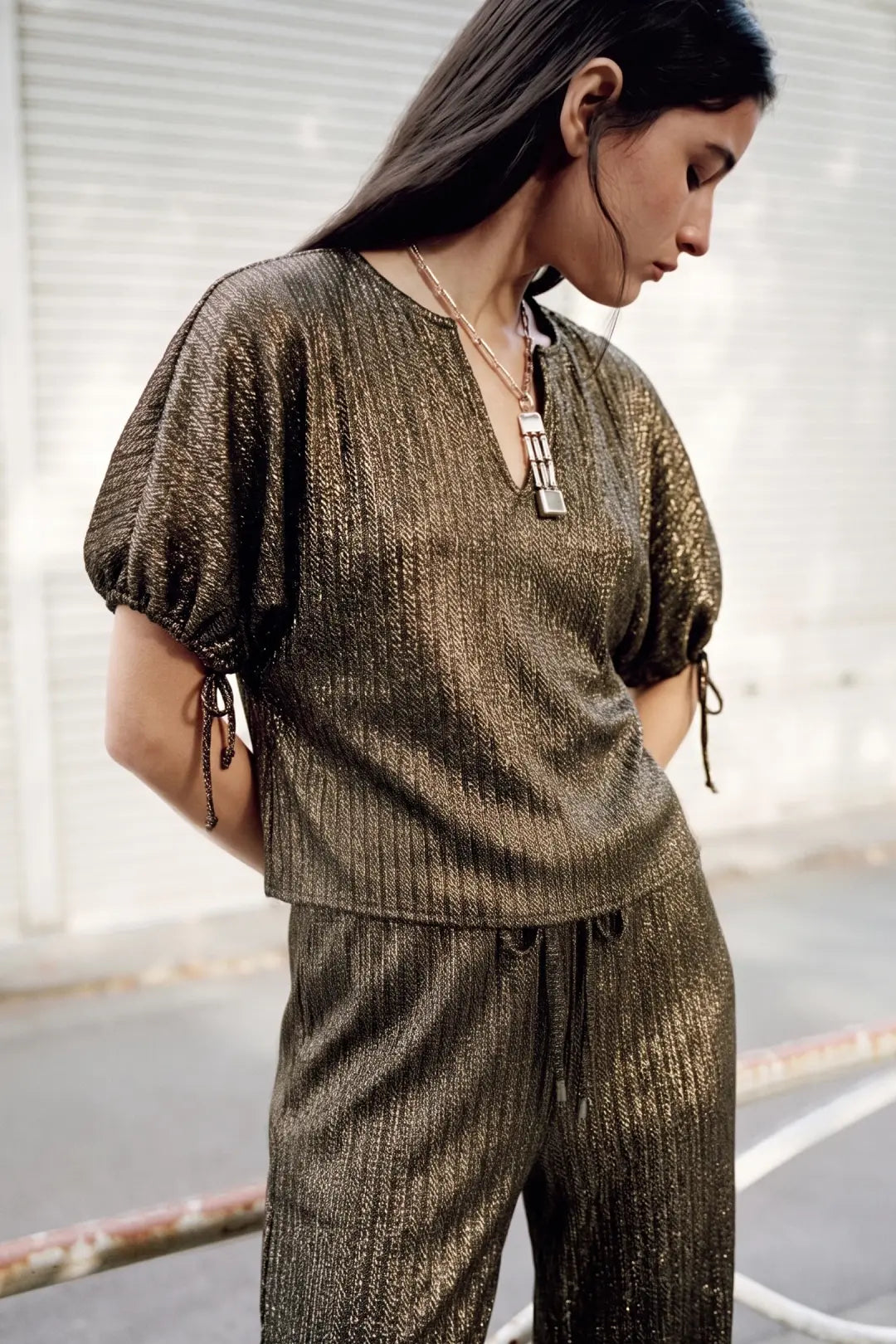 V-Neckline Puff Sleeves Lurex Knit Top
