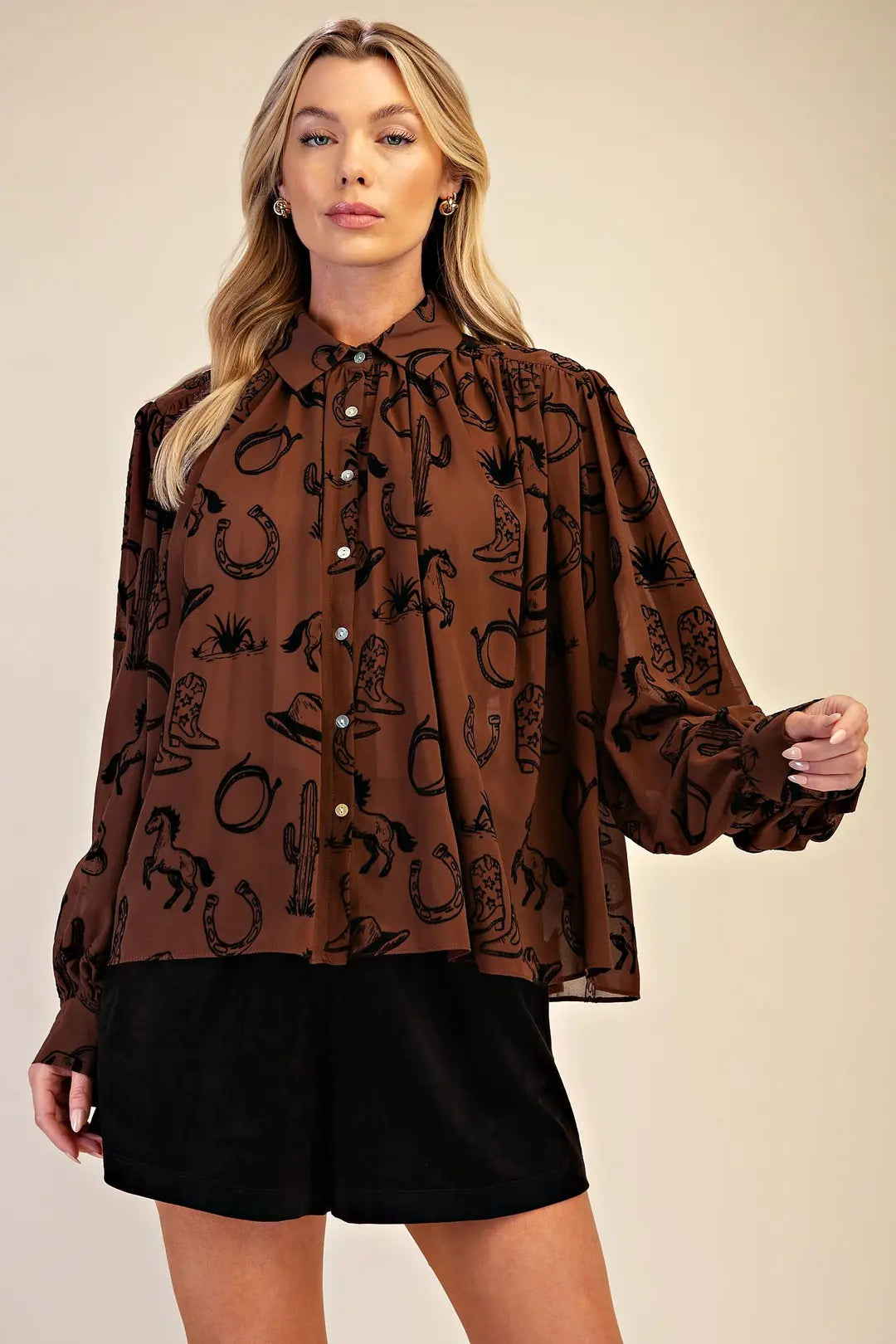 Western Theme Semi-Sheer Blouse