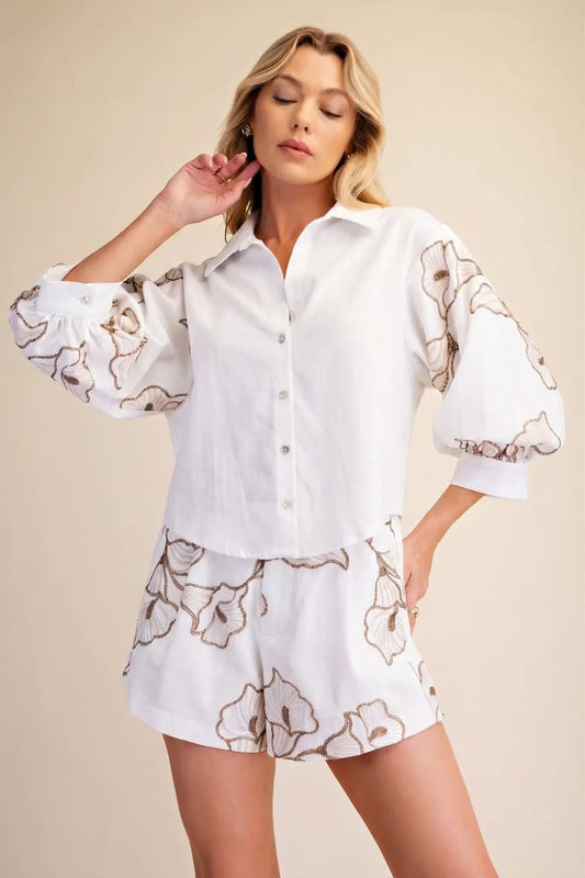 Lapel Collar Puff Sleeve Embroidery Shirt