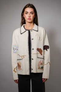 Western Embroidered Motif Wool Blend Sweater Jacket