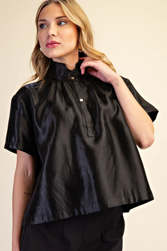 Stand Collar Button Placket Glossy Shirt