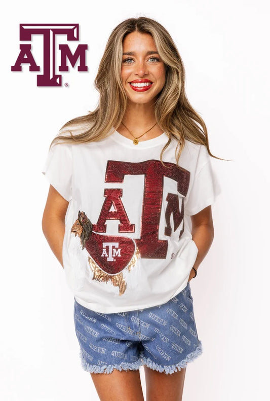 Texas A&M Mascot Leaning on Letter Tee