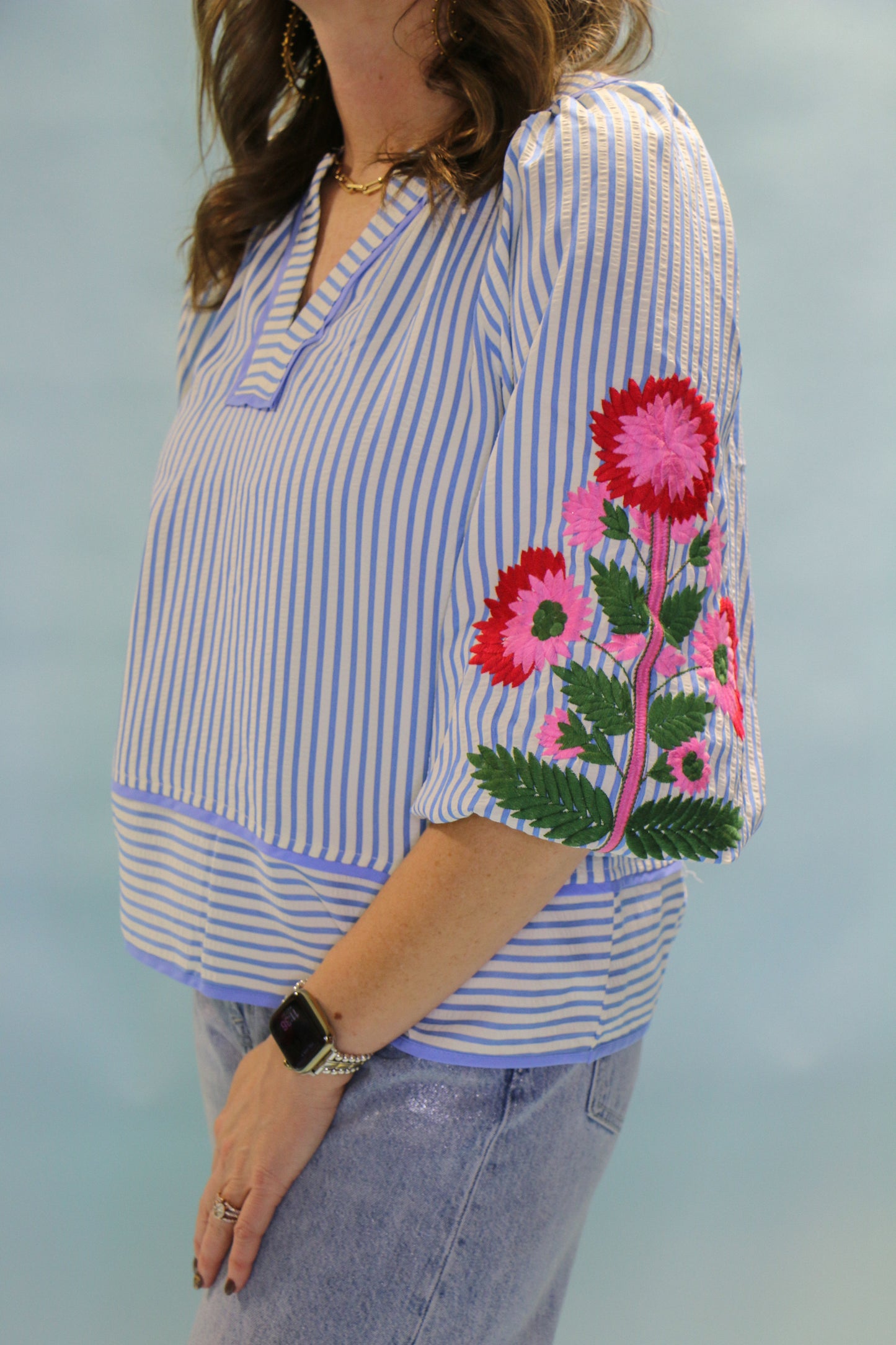 BLUE FLORAL SLEEVE DETAIL BLOUSE