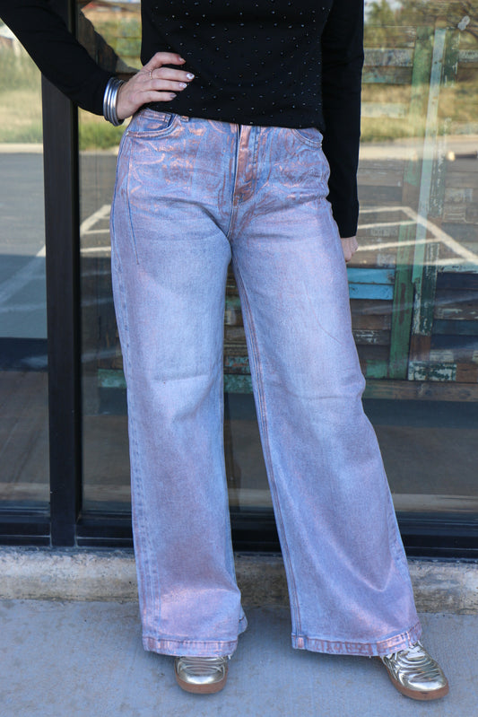 MID RISE WIDE LEG WITH METALLIC FOIL