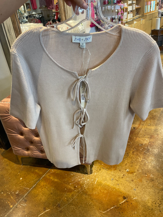 Short sleeve front tie sweater cardigan