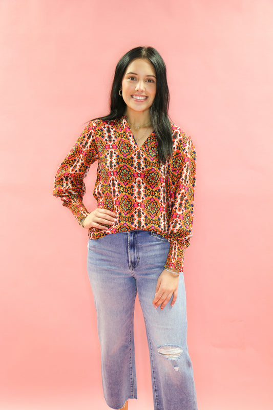 Split Neck Top w/Smocked Cuffs