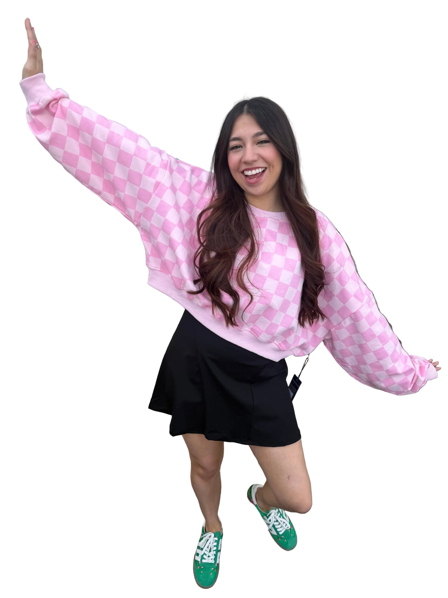 Pink checkered print crop sweatshirt