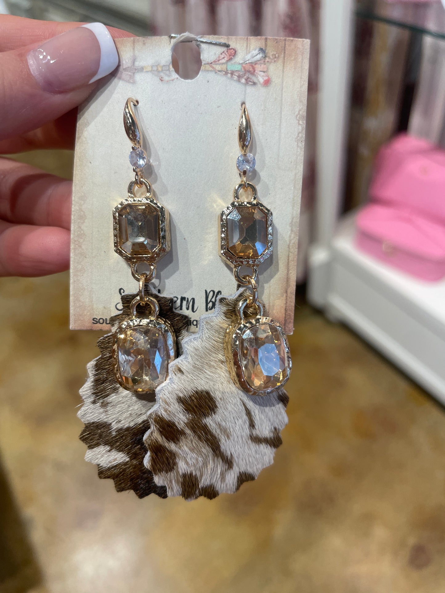 BROWN COW PRINT EARRING WITH JEWELS
