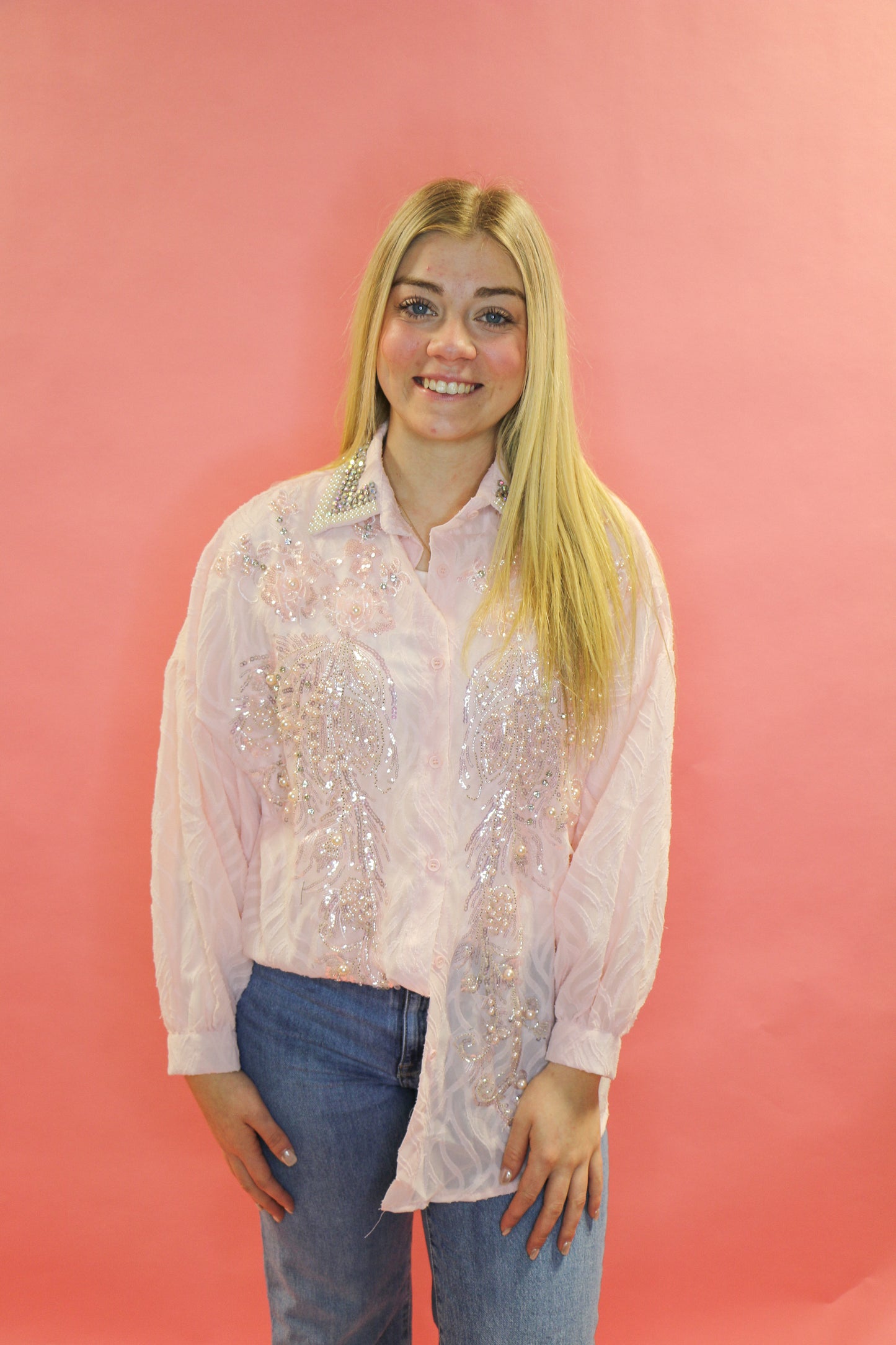 light pink glitter button up