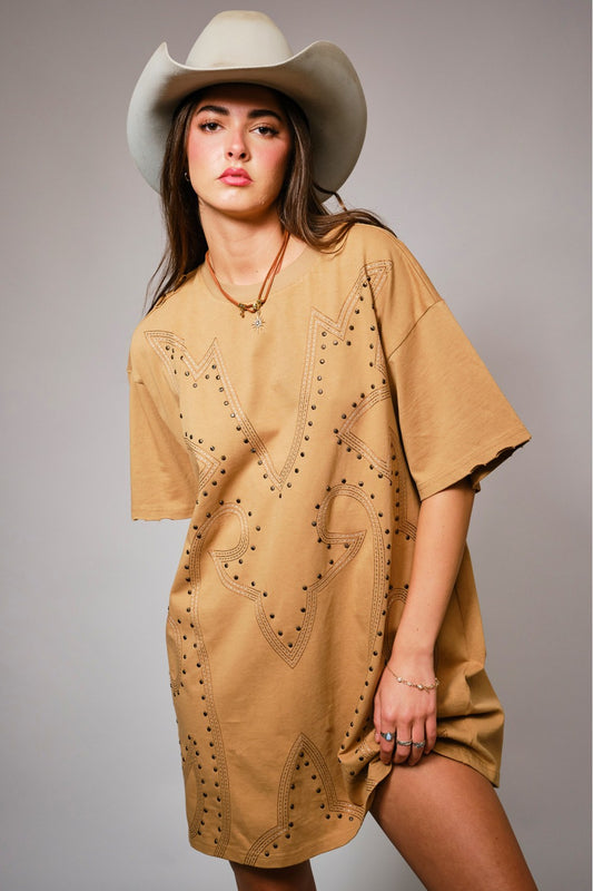 washed camel studded tee shirt dress