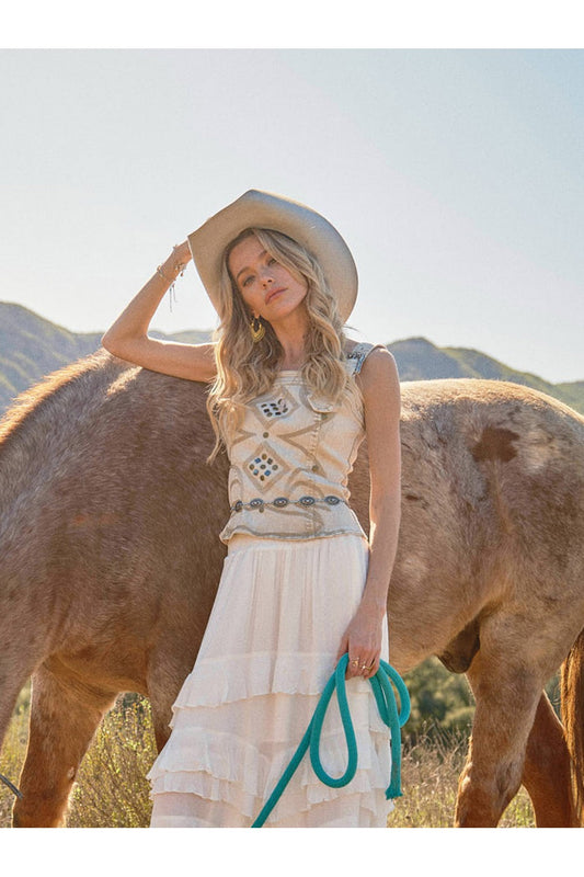 Western buckle strap denim top