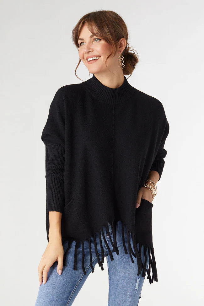 luxe flowy mock neck fringe sweater