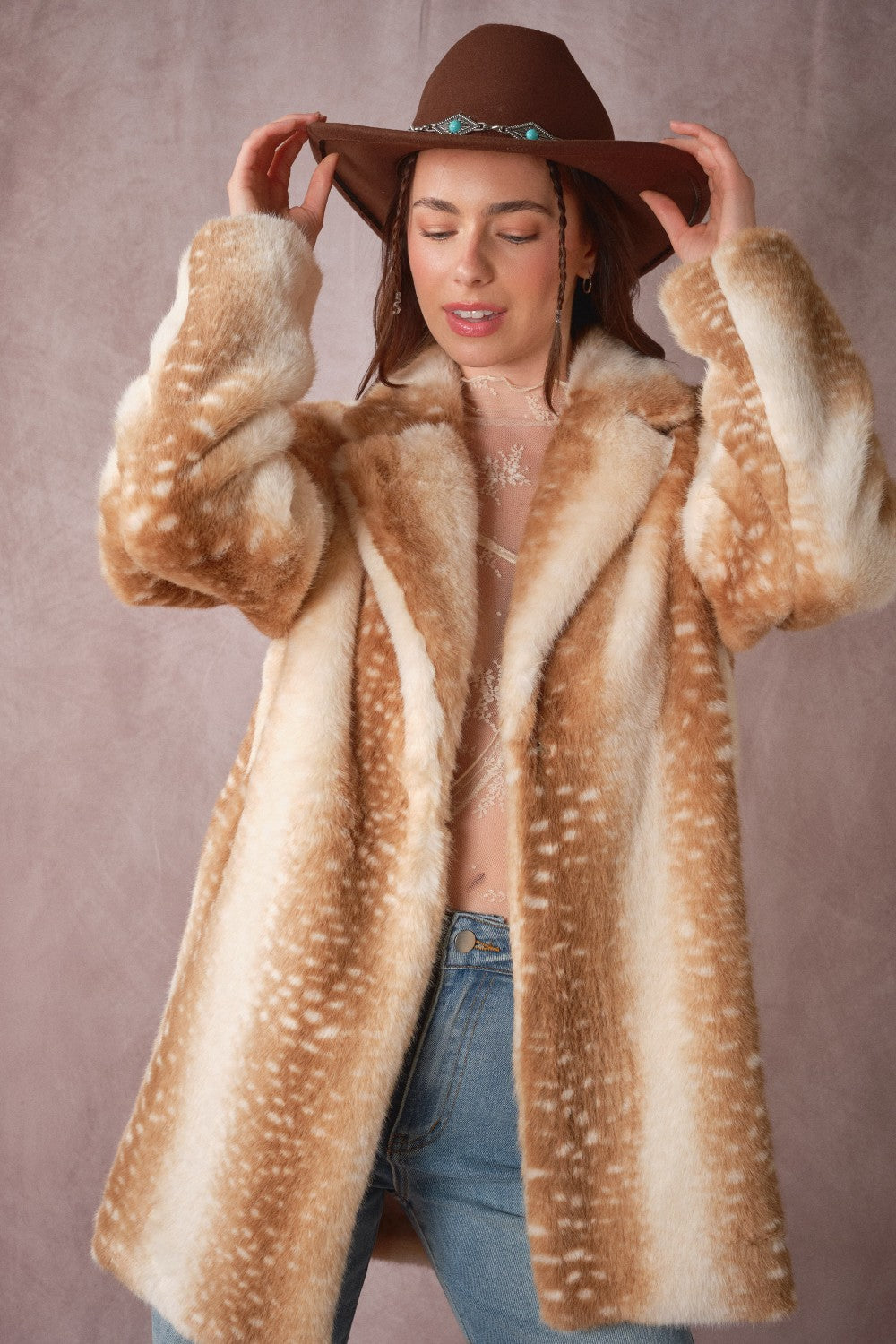 Deer Print Faux Fur Coat