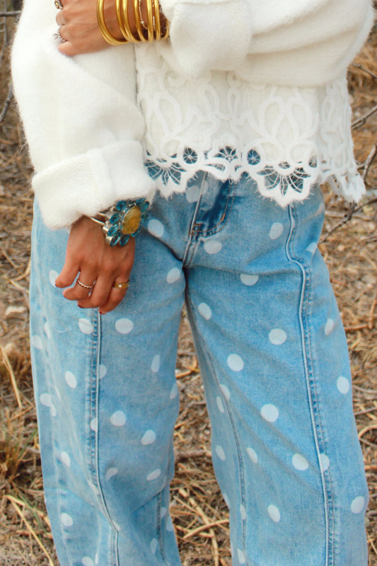 light wash polka dot barrel jeans