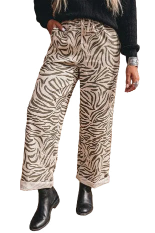 Western Zebra Pattern Elastic Waist Pocket Full-length Pants
