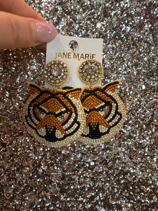 Black, Orange, White Beaded Tiger Earring