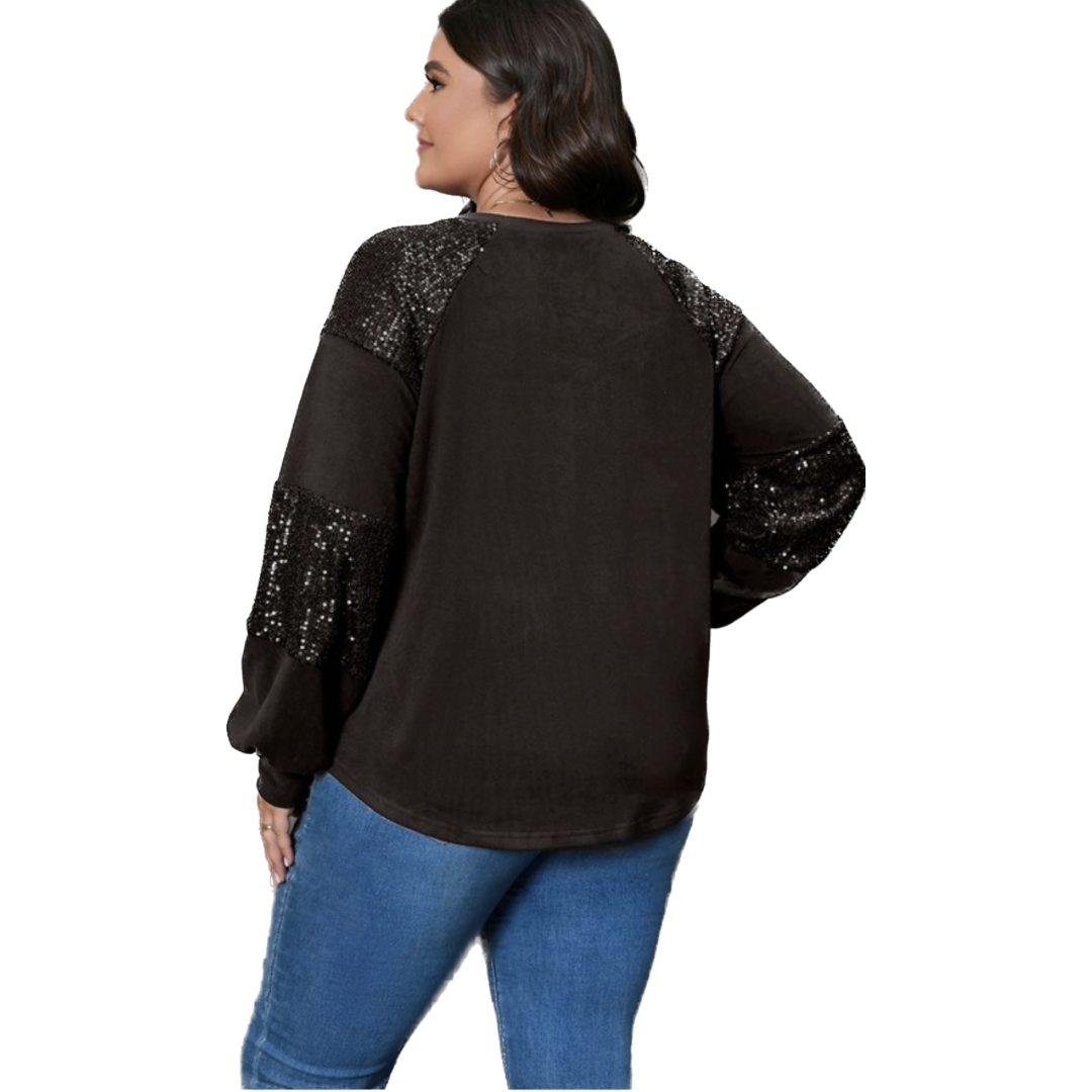 Black Plus Santa Graphic Sequined Puff Sleeve Top