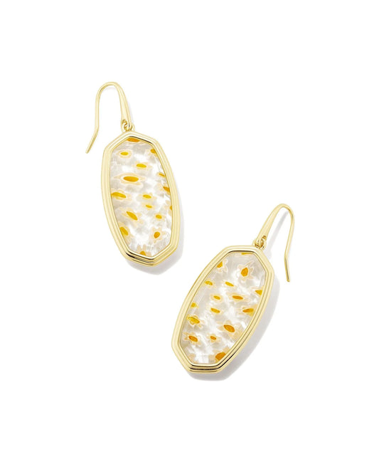 Yellow Framed Elle Drop Earrings with White Mosaic Glass