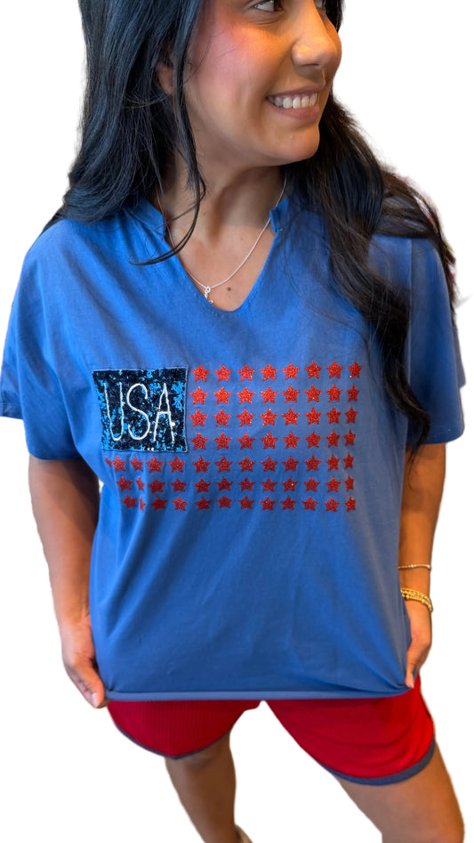 USA flag glitter stars top