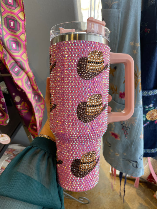 Pink Rhinestone Cowgirl Hat Tumbler
