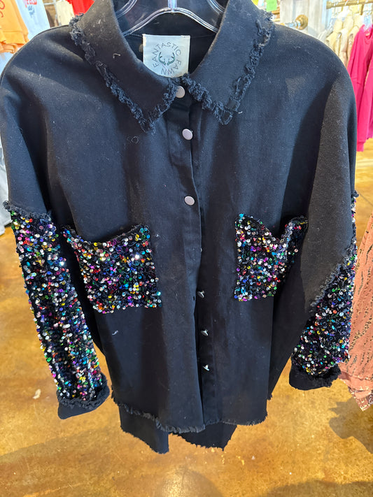 Black button up Sequin Sleeve