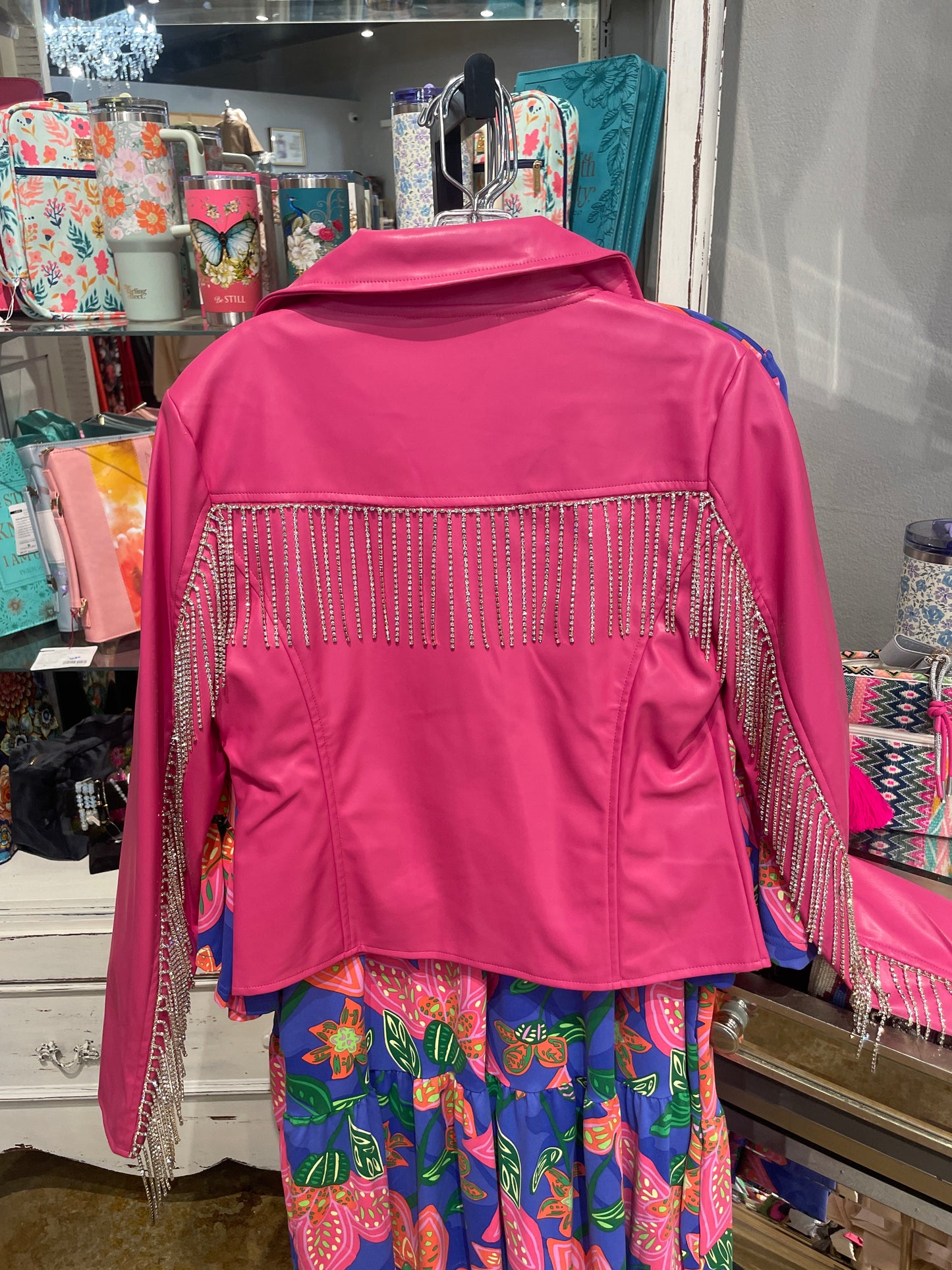 HOT PINK AND RHINESTONE FRINGE TOP