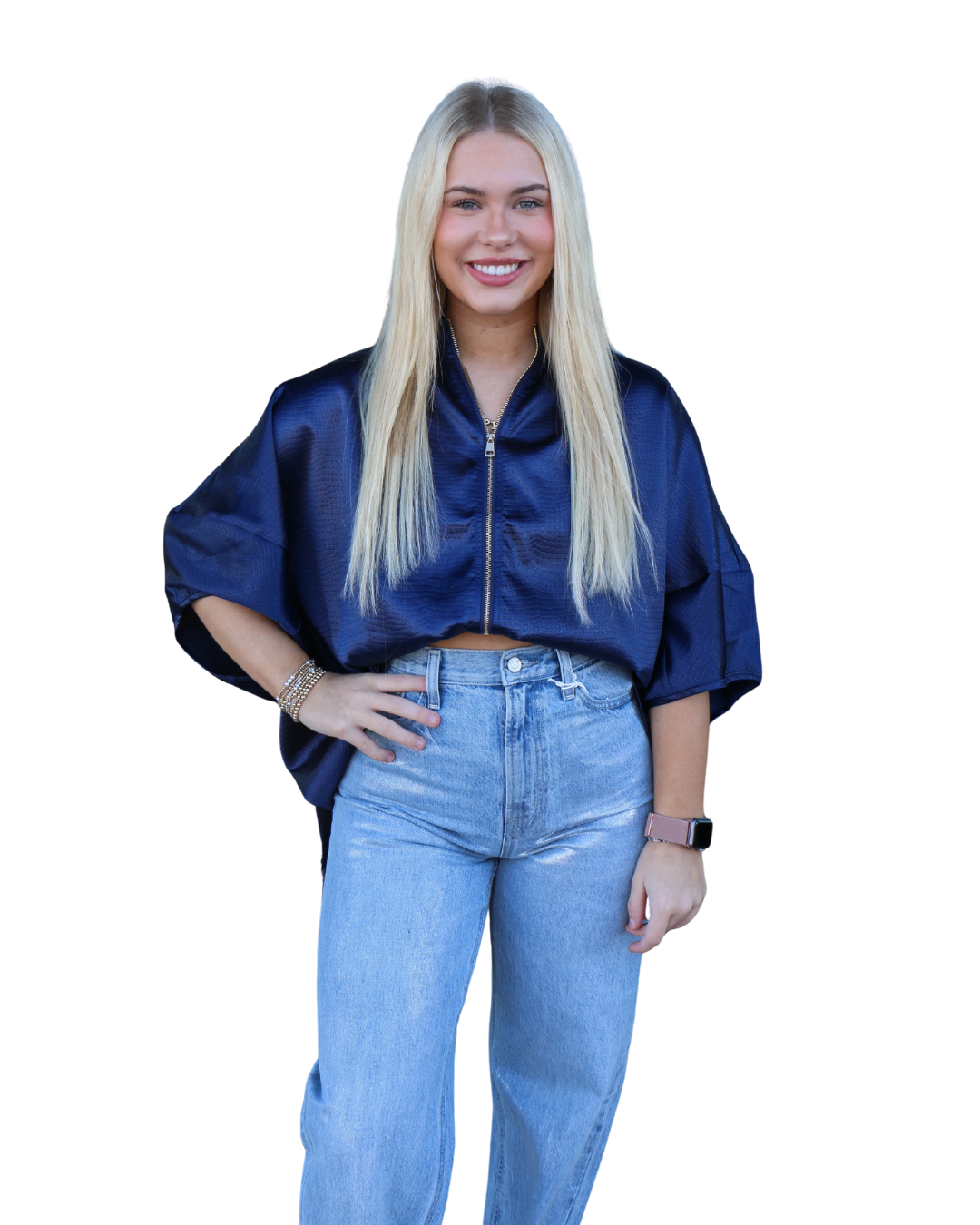 NAVY FRONT ZIP BLOUSE
