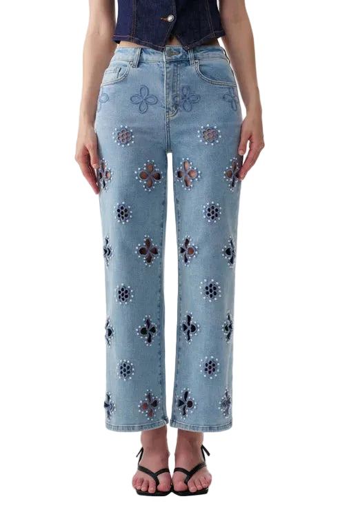high rise straight cut out jeans