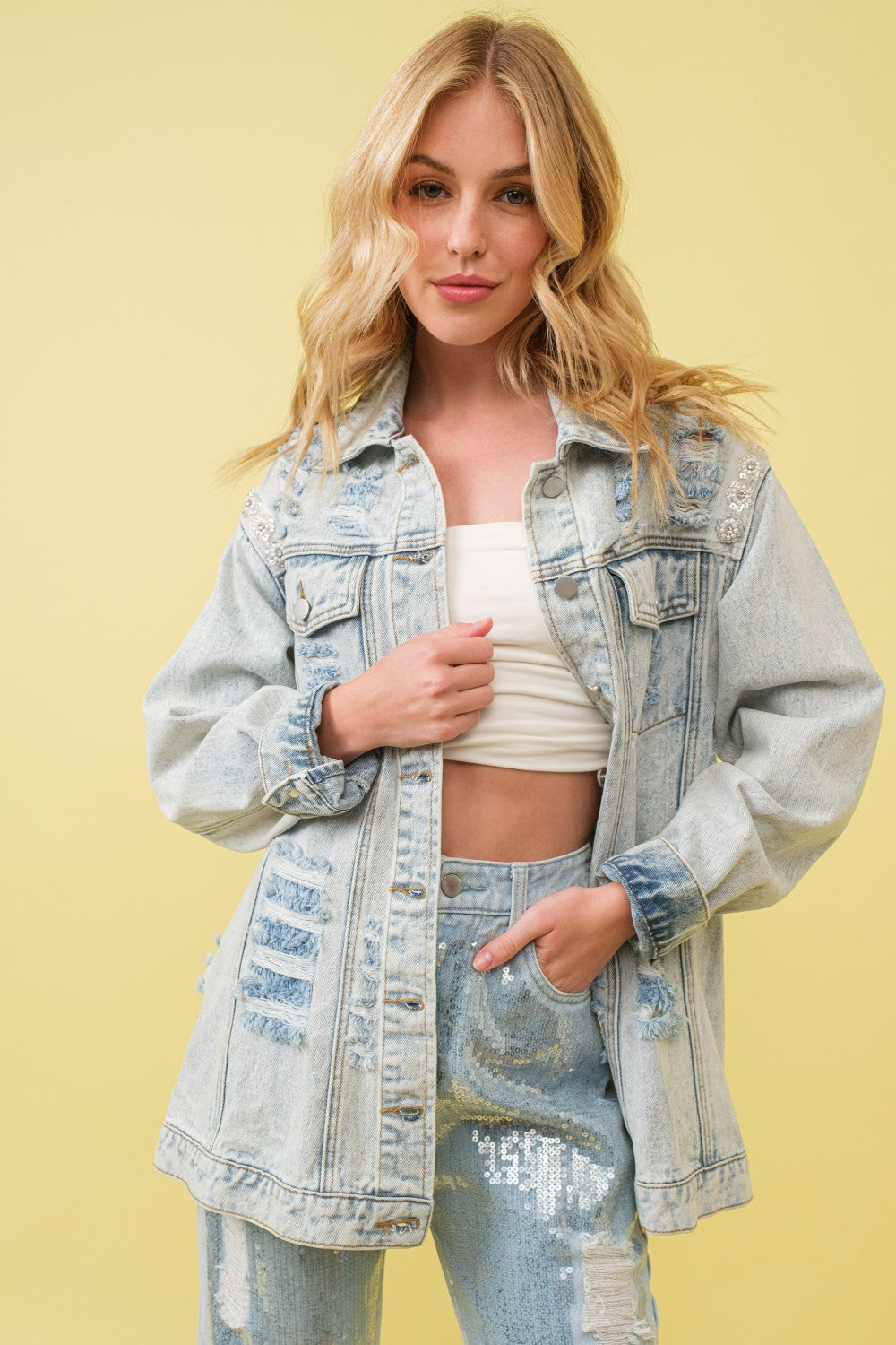 Denim Jacket w/ Distressed Embellished Back
