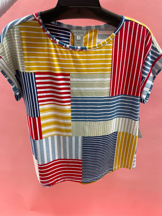 CUFF SHORT SLEEVE TOP WITH SQUARE AND STRIPS