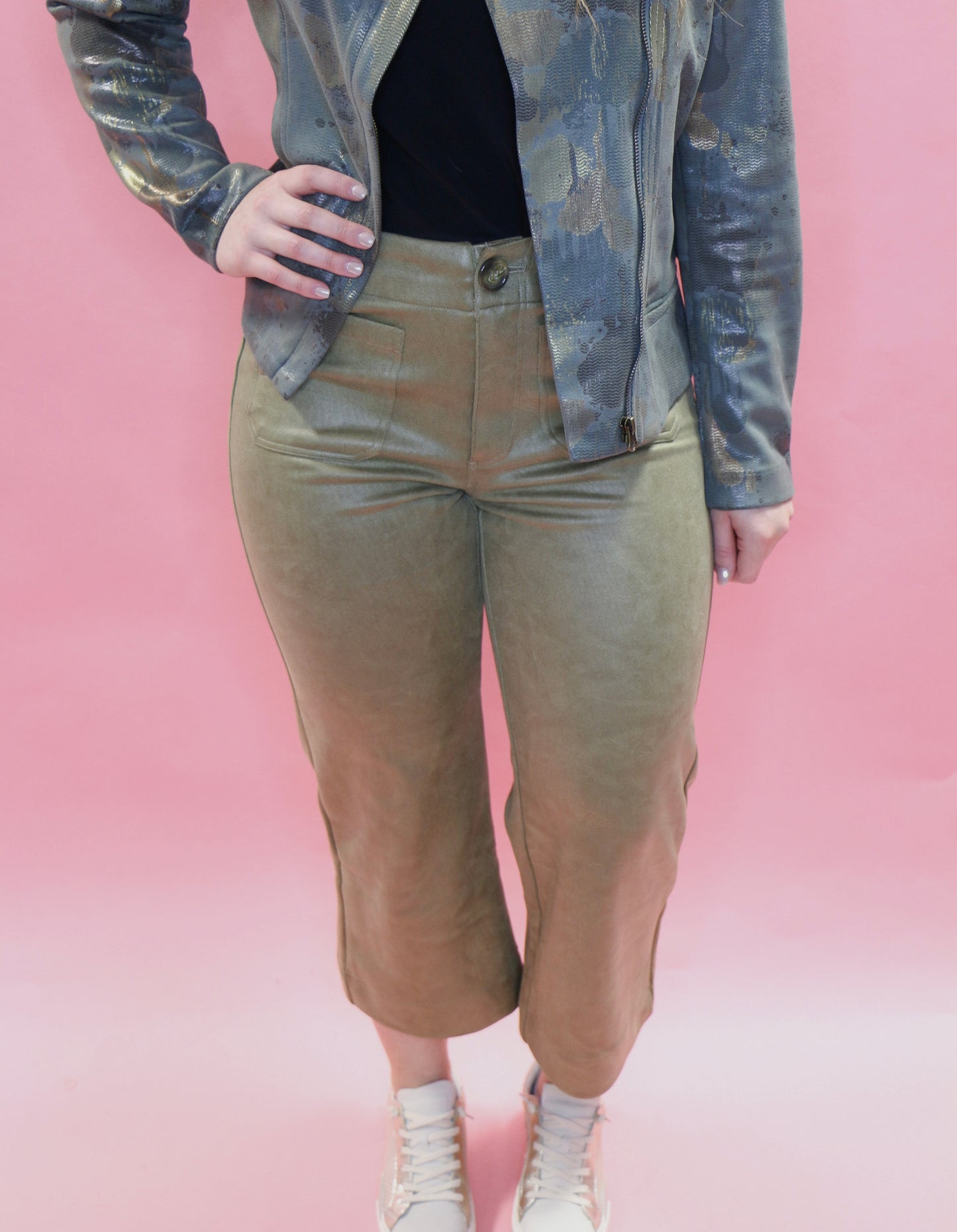 Olive Green Leather Wide Leg Pant