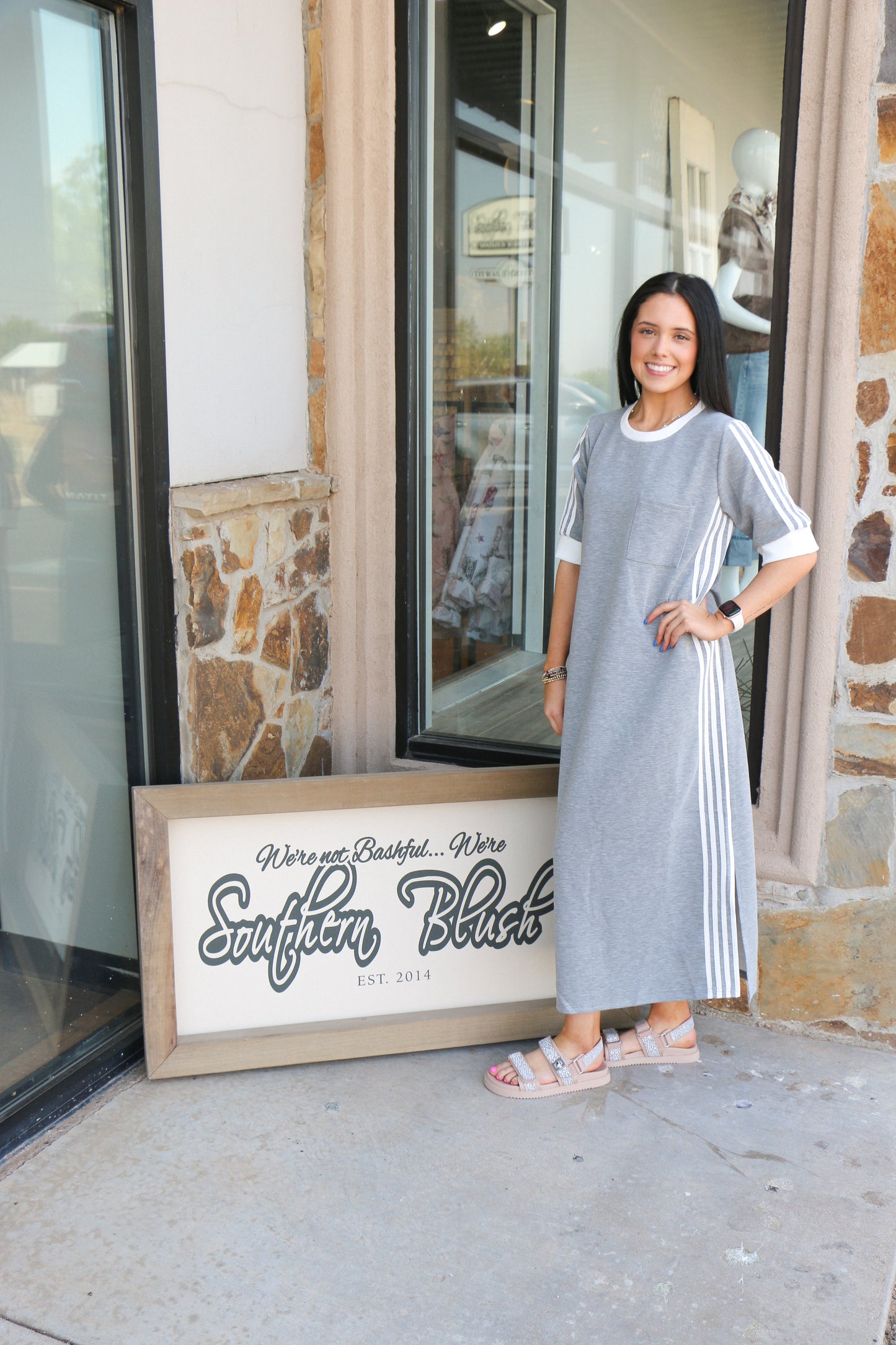 long grey dress with white stripes