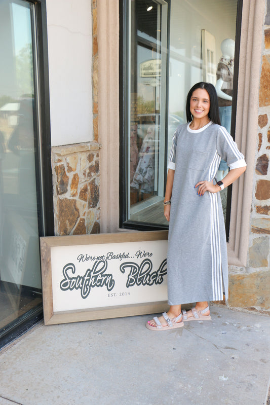 long grey dress with white stripes