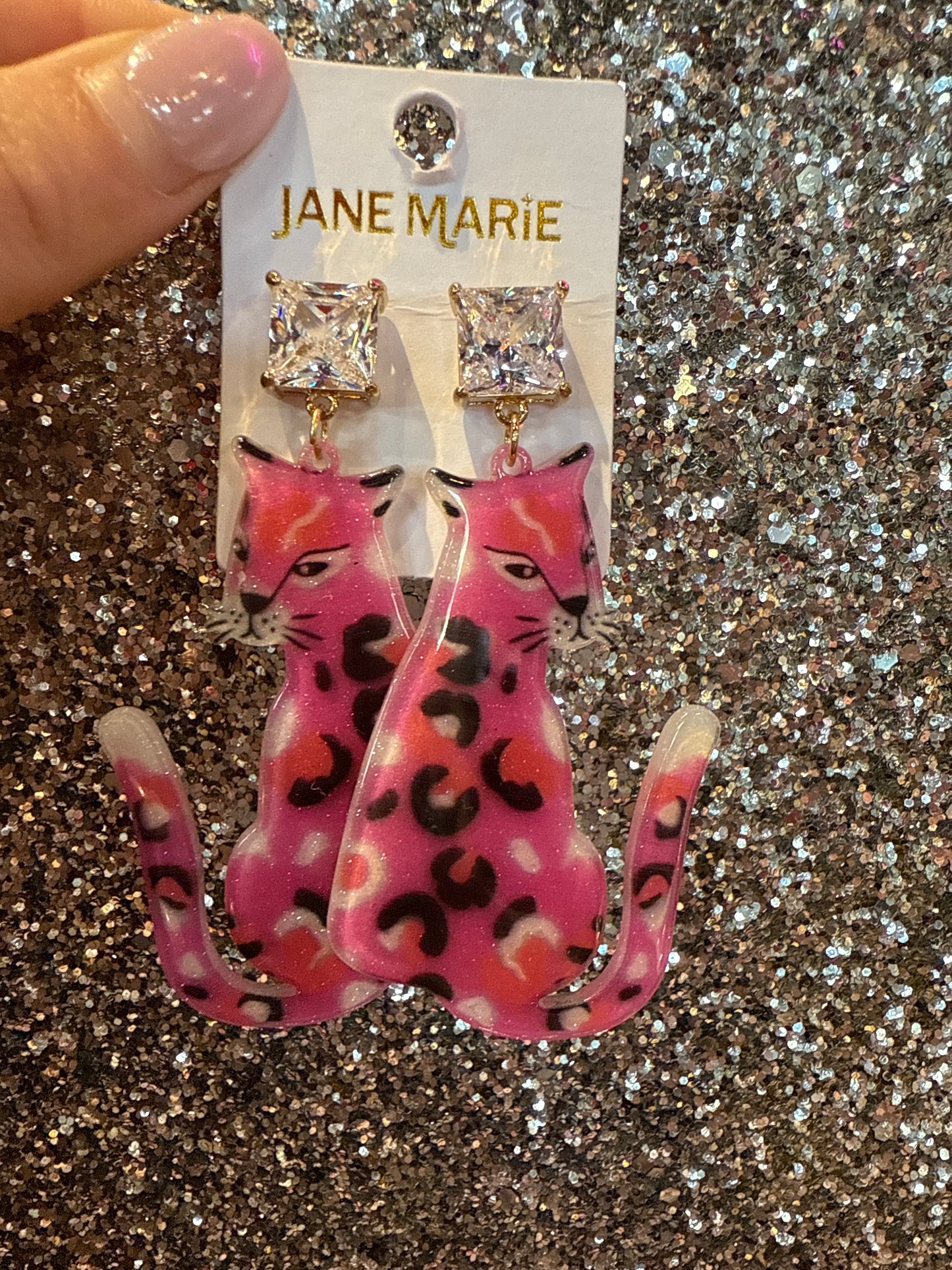 Pink, Red Leopard Earring with Clear Crystal Square Post